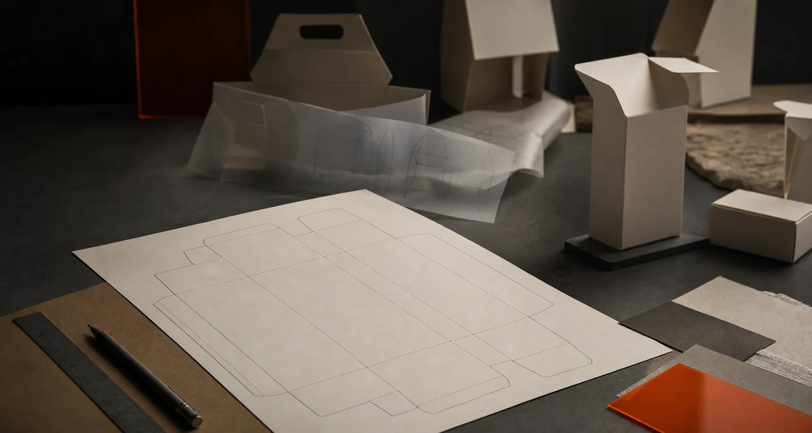 Conceptual packaging workbench moving from a flat dieline toward paper form studies