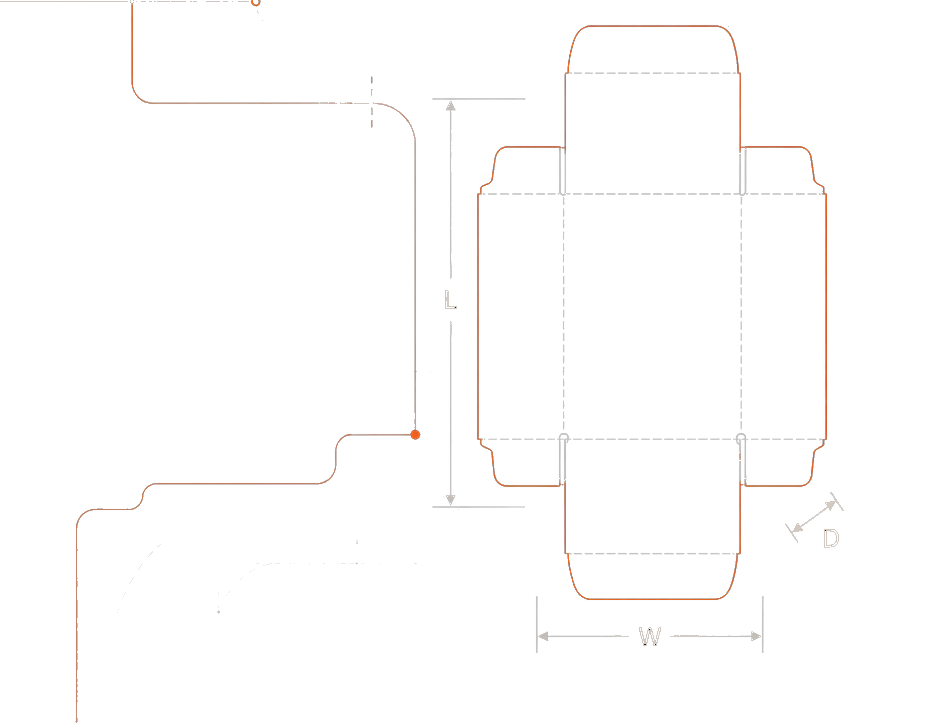 Technical carton dieline with length, width and depth measurement rails